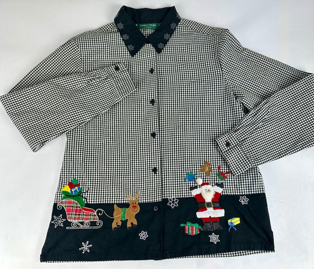 VTG Lemon Grass Christmas Shirt Medium Black Plaid Embroidered Snowflake Santa